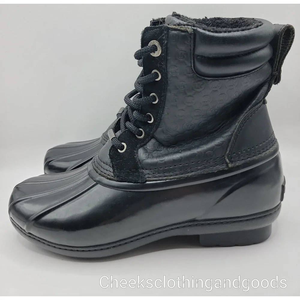 Michael Kors Black Monogram Leather Rubber Duck Boots Ankle Rain Snow Womens 9